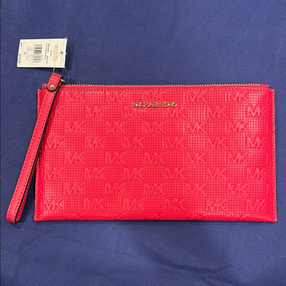 Michael Kors Large Zip Clutch Vibrant Deep Pink Red Embossed Wristlet 10inch